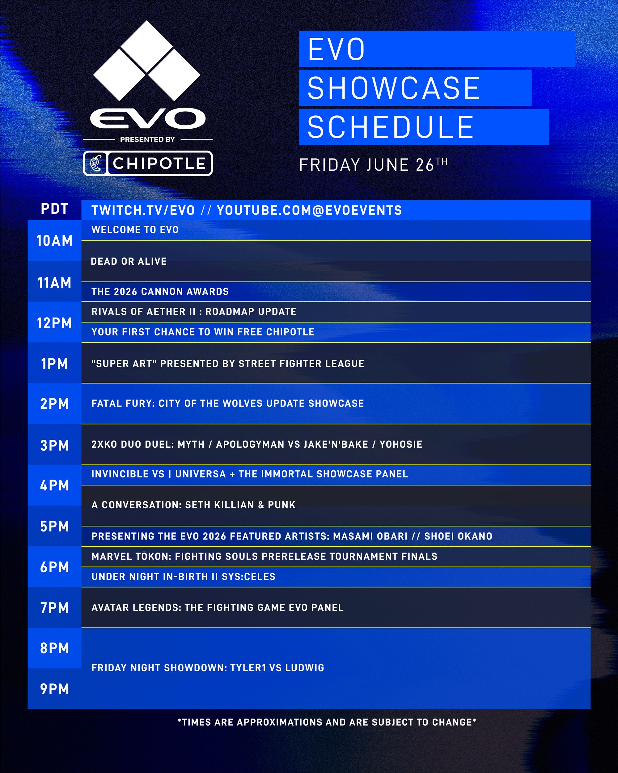 Evo 2026 Showcase Schedule
